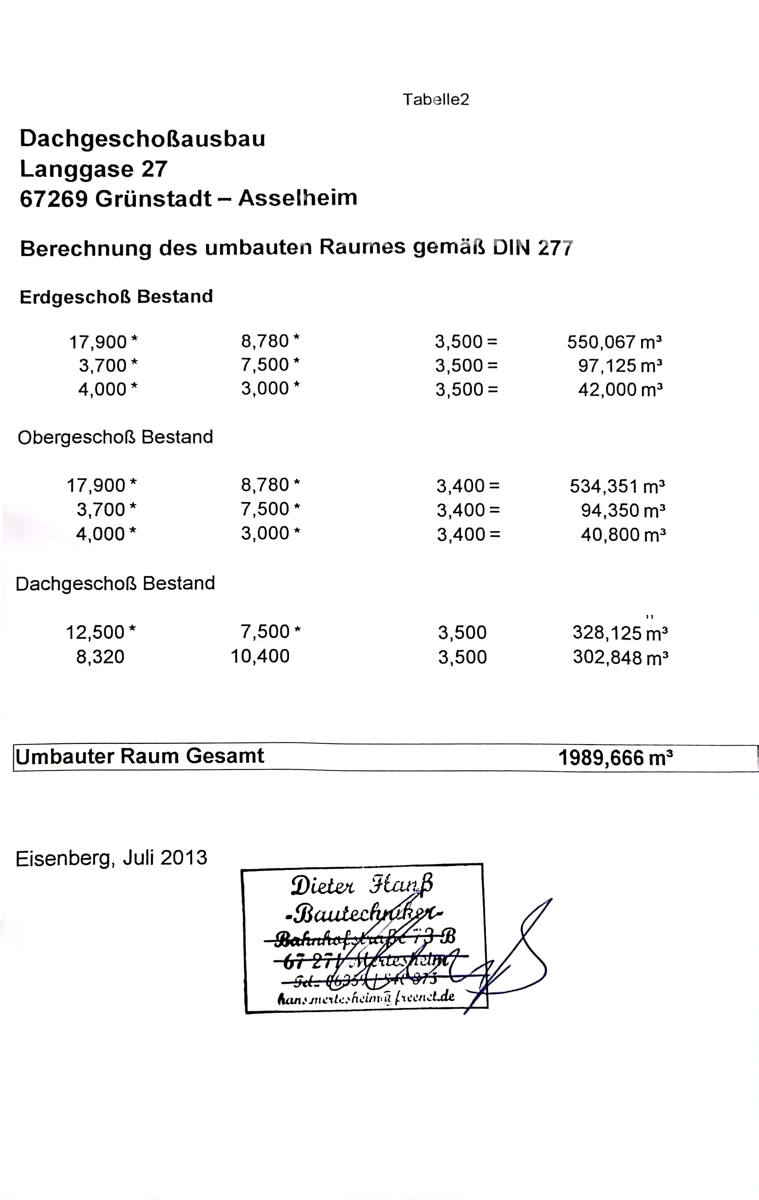 Kubaturberechnung Haus Gr�nstadt